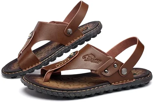 Vista 3 de Sandalias para hombre para interiores y exteriores, chanclas de playa, informales, de cuero, sin cordones, dos usos, pantuflas atléticas, suaves