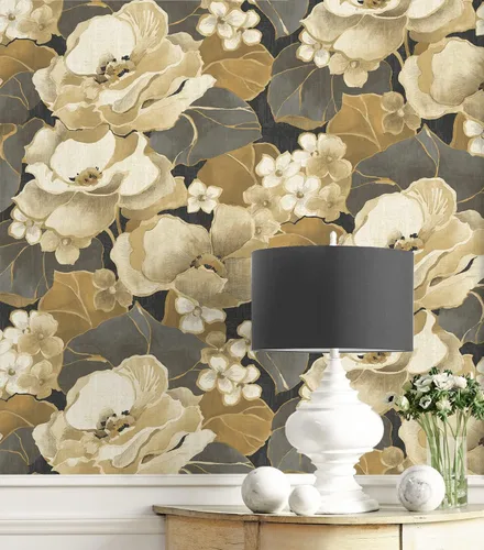 Vista 4 de NextWall Nouveau - Papel tapiz floral para despegar y pegar (ébano y oro antiguo)
