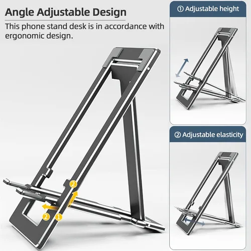 Vista 3 de Soporte para teléfono celular, totalmente plegable, altura ajustable, soporte de teléfono de aleación de aluminio para escritorio/oficina