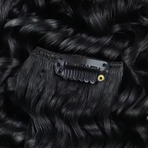 Vista 9 de Hetto . Extensiones de cabello humano rizado con clip, color #1 negro azabache, extensiones de cabello humano ondulado natural para cabeza completa