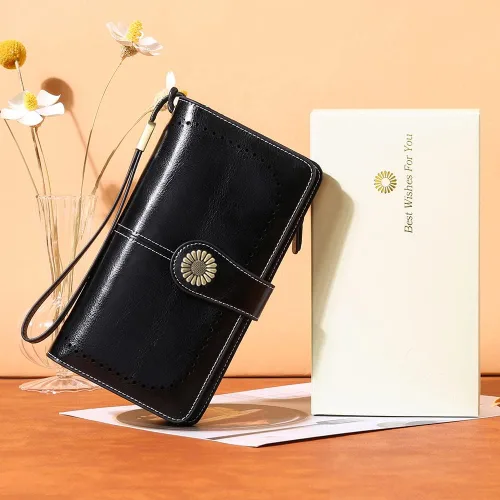 Vista 6 de SENDEFN - Billeteras de cuero genuino para mujer con tarjetero y bloqueo RFID, de gran capacidad y con correa para la muñeca