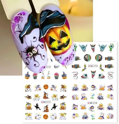 Vista 5 de Calcomanías de arte de uñas de Halloween, calcomanías de transferencia de agua, calcomanías de uñas de Halloween, calcomanías de dibujos animados