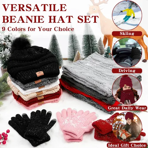 Vista 6 de Winter Beanie Hat Scarf Gloves Set, Soft Fleece Knit Hat Warm Touchscreen Gloves Neck Warmer Thick Scarves Gifts for Women