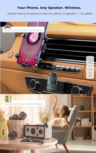 Vista 4 de Receptor transmisor Bluetooth, adaptador de audio 2 en 1 para avión, TV, coche Connect Dual Headphones & Stereo Speaker Wireless 3.5mm AUX Jack