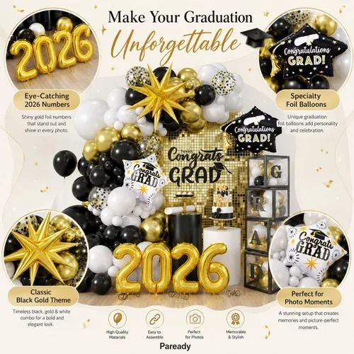 Vista 7 de Kit de Arco de Globos Paready Graduación 2025, 120 Piezas de Arco de Globos Graduación Negro y Dorado, Globos de Confeti Negro y Dorado Metálicos