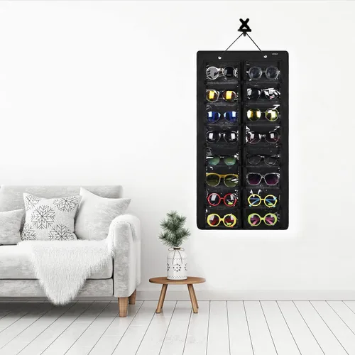 Vista 7 de AROUY Organizador de gafas de sol, organizador de gafas con bolsillo para colgar en la pared - Organizador de gafas de sol con 16 ranuras de fieltro