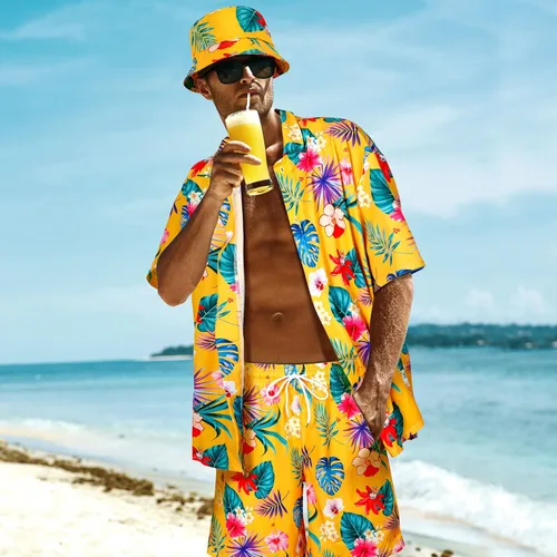 Vista 3 de Harloon Conjunto de 4 piezas de camisa hawaiana y pantalón corto para hombre, casual, con botones, verano, playa, flores, con sombreros, gafas de sol