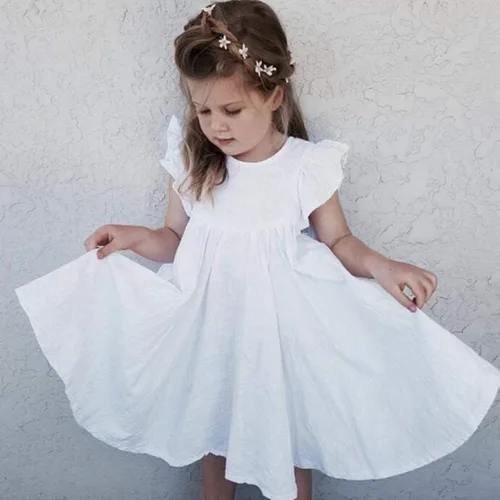Vista 2 de Vestido para niña bebé de verano de algodón y lino con volantes, halter, sin mangas, para niños, vestidos casuales de playa y fiesta, de 1 a 6 años
