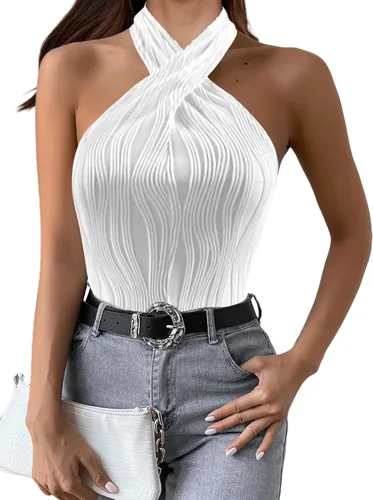Vista 3 de SOFIA'S CHOICE Camiseta sin mangas sexy con cuello halter para mujer, con textura cruzada