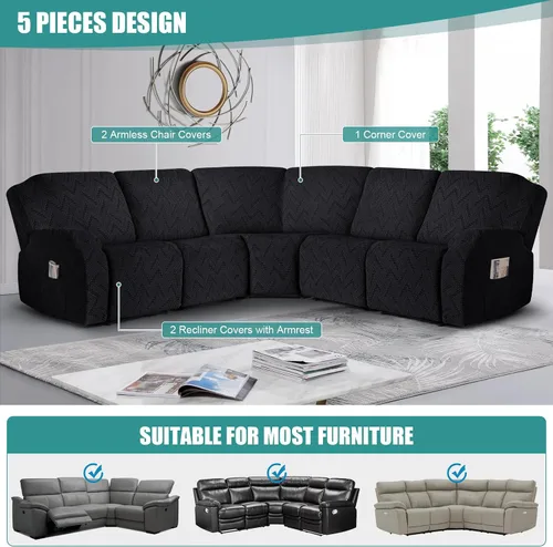 Vista 4 de Fundas de sofá modular de gran tamaño en forma de L para sofá reclinable de 5 asientos, fundas seccionales lavables y suaves extra grandes con Negro