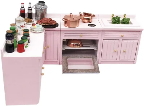 Vista 3 de Accesorios de decoración de casa de muñecas, casa de muñecas 1:12, muebles en miniatura, juego de gabinetes de cocina de madera combinados Rosa