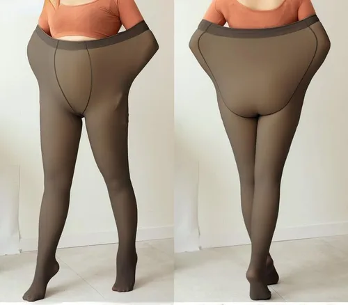 Vista 2 de Medias cálidas de talla grande para mujer, con forro polar cálido, color piel, pantimedias térmicas coquetas, leggings transparentes