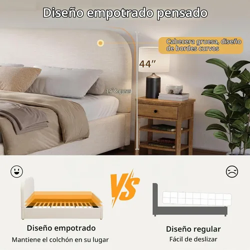 Vista 5 de Merax Marco de cama tamaño Queen, cama de plataforma tapizada de lino con cabecero y estribo de 44 pulgadas de alto, base de madera maciza, diseño