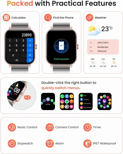 Vista 7 de Reloj inteligente para mujer, reloj inteligente Betatree de 1.85 pulgadas HD Full Touch iPhone Android (respuesta/hacer llamadas), rastreador