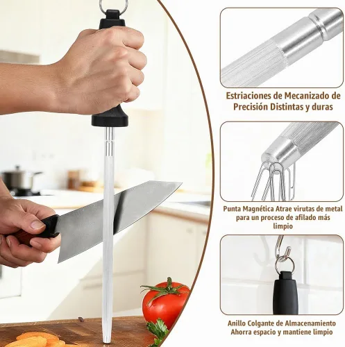 Vista 5 de Varilla de afilar cuchillos profesional de 12 pulgadas, varilla de afilado de alto carbono para afilar el cuchillo rápidamente, afilador