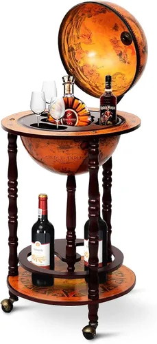 Vista 10 de Goplus Globo Bar, gabinete de licor con forma de globo de 17.5", con ruedas, estante inferior, mapa del mundo antiguo, réplica italiana del siglo