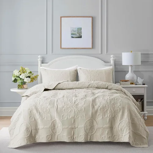 Vista 21 de B2EVER Juego de edredón de damasco beige tamaño individual con 1 funda de almohada, colcha boho ligera y suave de estilo granja vintage bohemia