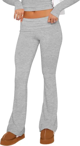Vista 2 de Soamat Pantalones de yoga plegables para mujer, corte de bota, acampanados, pantalones de tiro bajo, pantalones de descanso