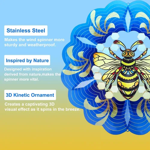 Vista 2 de Molinillos de viento de abeja colgantes en 3D, regalos de abeja para mujeres, mamá, abuela, papá, escultura cinética de viento de resorte de metal