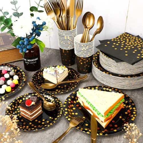 Vista 3 de Sieral 560 piezas de suministros de fiesta negros y dorados para 80 invitados, kits de vajilla de punto dorado, platos de papel negro, tazas