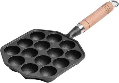 Vista 9 de HERCHR Takoyaki - Plato para parrilla, 14 agujeros, sartén Takoyaki, antiadherente, de hierro fundido, para hacer moldes con mango desmontable