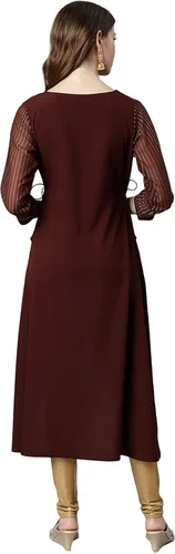 Vista 6 de Janasya Kurta de crepé polivinílico marrón indio para mujer