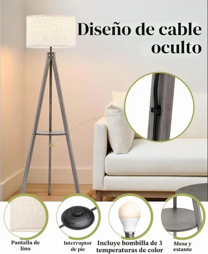 Vista 4 de ELYONA Lámpara de pie con trípode de madera estilo granja con mesa, lámpara de pie de lectura moderna con 3 temperaturas de color, bombilla LED