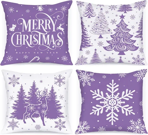 Vista 12 de Lanpn Juego de 4 fundas de almohada de Navidad negras de 12 x 12 pulgadas, fundas de almohada decorativas de invierno, cojín de árbol de Navidad