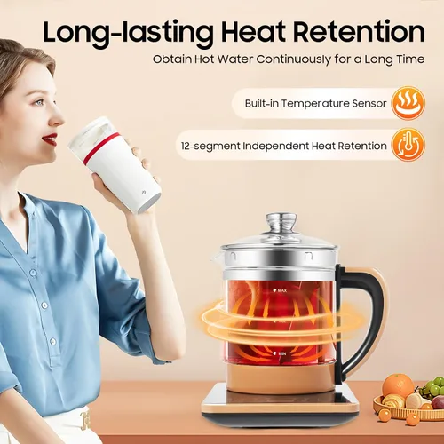 Vista 6 de Hervidor de té eléctrico con control de temperatura e infusor de té, 12 modos de preparación, hervidor de agua caliente de vidrio borosilicato