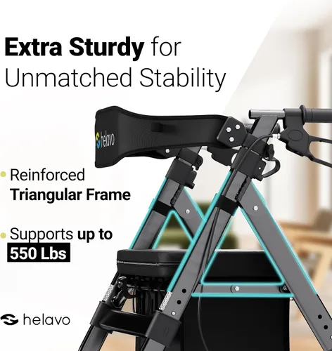 Vista 2 de Helavo Andador Bariátrico con Asiento Grande y Altura Ajustable, Capacidad de Peso de 500 libras, Ruedas Todo Terreno de 8 Pulgadas, 28 Pulgadas