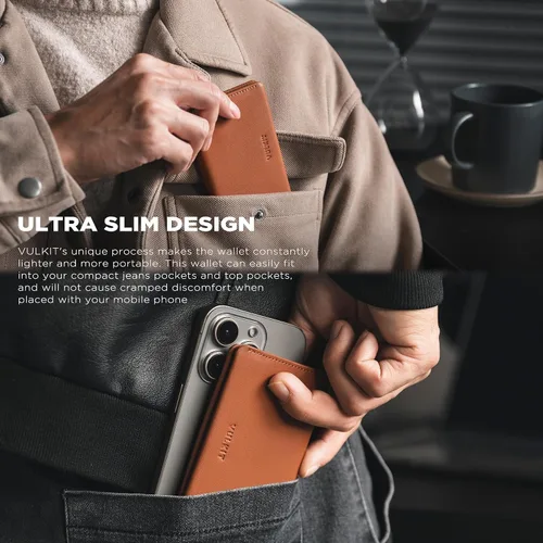 Vista 2 de VULKIT Cartera delgada minimalista con bloqueo RFID de cuero para tarjetero de tarjetas de crédito con bolsillo frontal y cierre magnético, Marrón