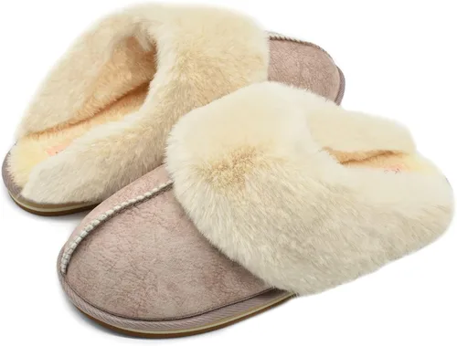 Vista 2 de KuaiLu Pantuflas mullidas de espuma viscoelástica doble para mujer, acogedoras con soporte de arco cálido, pantuflas de meter cómodas
