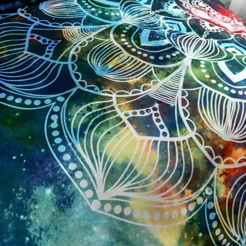 Vista 7 de Juego de funda de edredón de galaxia, diseño floral rústico con mandala, tamaño Queen, espacio exterior bohemio, color azul, Microfibra, Estilo 1