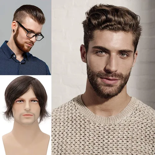 Vista 18 de Toupee de piel fina suave de 0.002 in PU 10x8 pulgadas reemplazo de pelo para hombre postizo 100% europeo piezas de cabello humano para hombre #1