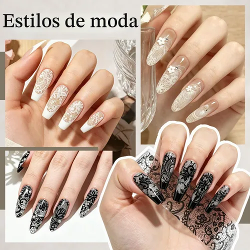 Vista 8 de JODSONE 20 rollos de láminas de encaje para uñas, hojas de transferencia de arte de uñas de encaje blanco y negro, se deben utilizar con pegamento