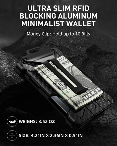 Vista 3 de Cartera de metal para hombre, cartera minimalista con tarjetero de identificación transparente, delgada, bloqueo RFID, bolsillo frontal, billetera