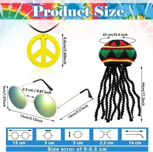 Vista 2 de Geyoga 5 piezas de disfraz hippie de los años 60 y 70 para hombres y mujeres camisa de pantalón hippie chaleco de imitación con rastas