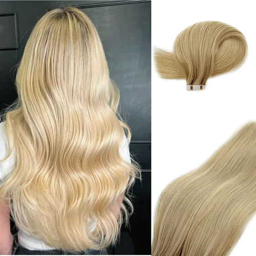 Vista 29 de Extensiones adhesivas rubias de cabello humano brasileño grado 9A, #60 rubio platino, cinta en 12 pulgadas, 20 unidades por juego, extensiones