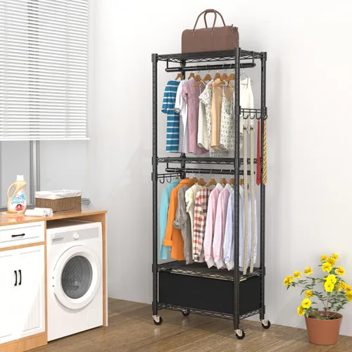 Vista 7 de VyGrow Perchero de Ropa, Perchero de Ropa para Colgar Ropa, Sistema Organizador de Armario Ajustable de 4 Niveles con Cajón Varillas Dobles