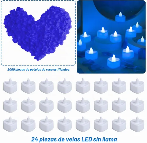 Vista 3 de cridoz Juego de pétalos de rosa azules para una noche romántica para él, 2000 pétalos de rosa artificiales con 24 velas LED sin llama