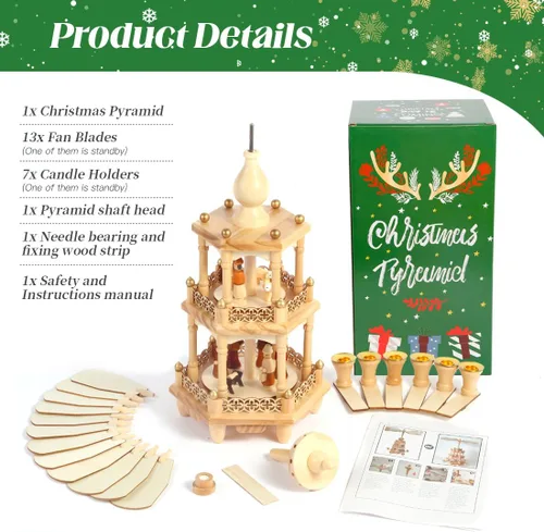 Vista 3 de Pirámides de Navidad con 6 portavelas - 43.2 cm - Carrusel de 3 niveles - Juego de pesebre de madera