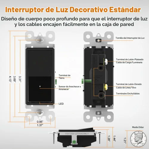 Vista 6 de Paquete de 10 interruptores de luz SOZULAMP con luz nocturna LED de 15 amperios, 120/277 voltios, interruptor de pared de un solo polo, sensor
