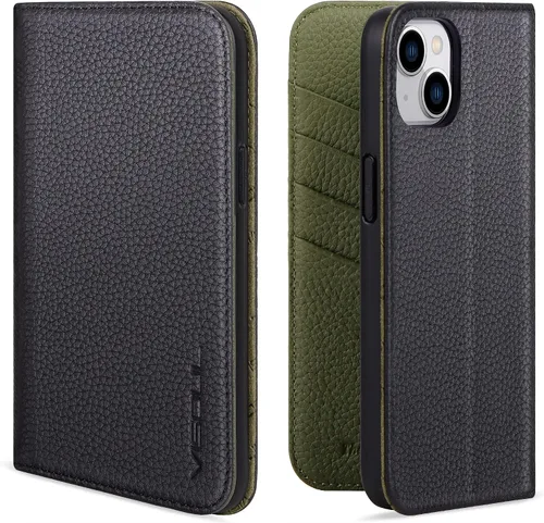 Vista 15 de VISOUL Funda de cuero con diseño de guijarros para iPhone 14 Plus, funda tipo cartera de cuero real con tarjetero y función atril magnética