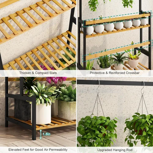 Vista 5 de Ufine - Soporte de bambú para plantas colgantes de 3 niveles con estante en escalera y barra colgante. Organizador de altura ajustable para macetas.
