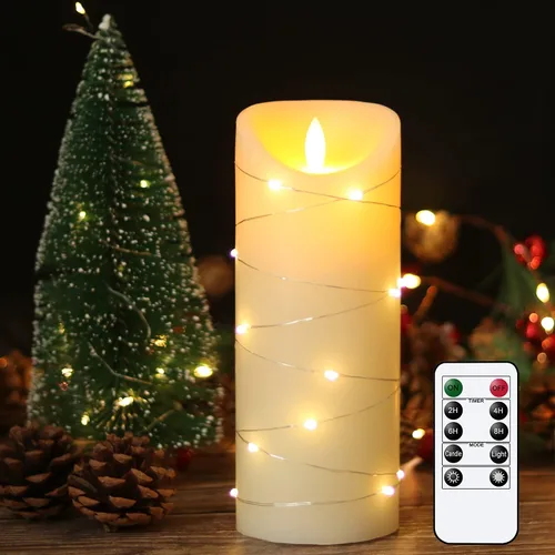 Vista 7 de Velas sin llama parpadeantes con luz de cadena y temporizador remoto, juego de 3 velas de columna operadas con baterías, cera real, mecha 3D, luz