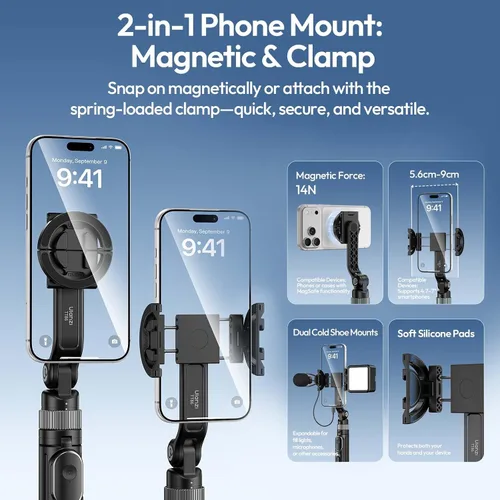 Vista 2 de ULANZI TT86 - Trípode magnético para iPhone 17, palo selfie extensible de 35 pulgadas con control remoto, clip de teléfono 2 en 1 y soportes dobles