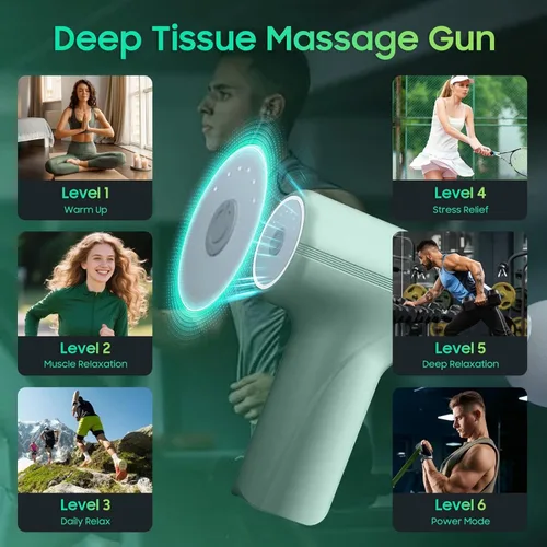Vista 5 de Pistola de masaje con calor - ¡Increíble poder! Masajeador de percusión de tejido profundo, mini pistola muscular de mano, 7 cabezales de masaje