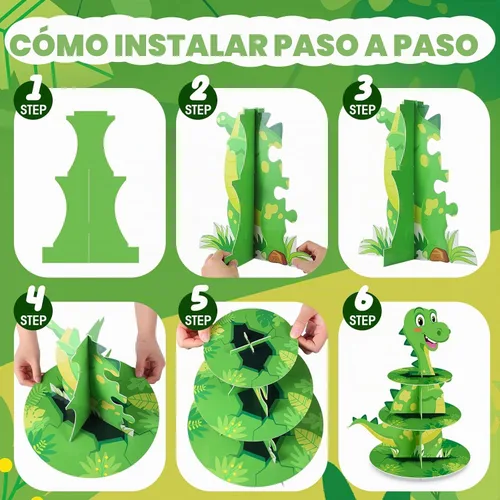 Vista 3 de Censen Soporte para cupcakes de dinosaurio de 3 niveles, decoración de fiesta con temática de dinosaurio, decoración de torre de postre