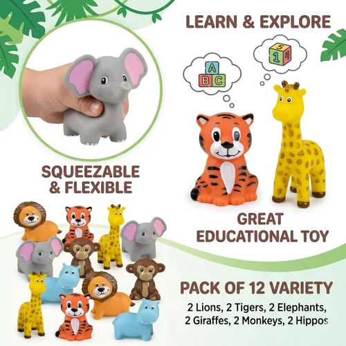 Vista 2 de ArtCreativity Juguetes de vinilo de animales del zoológico (paquete de 12) – Juguetes exprimibles surtidos figuras de animales de safari – Recuerdos