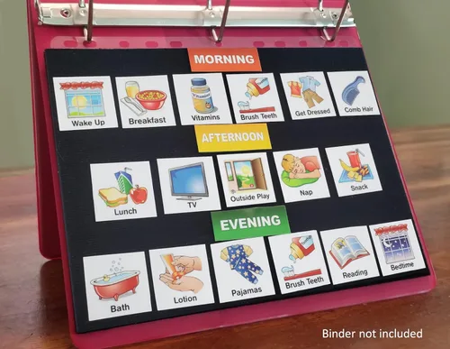 Vista 3 de SchKIDules V-KIt - Horario visual portátil listo para carpetas para niños con tablero de 8.5 x 11 pulgadas y 150 iconos laminados más 21 encabezados
